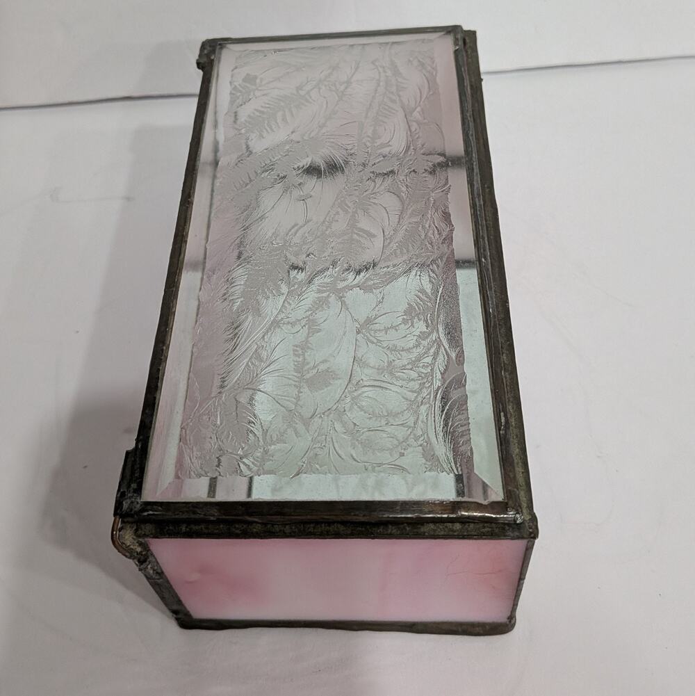 Vintage Pink Slag Stained Glass Trinket Box Frost Glue Chip Beveled Lid Vanity